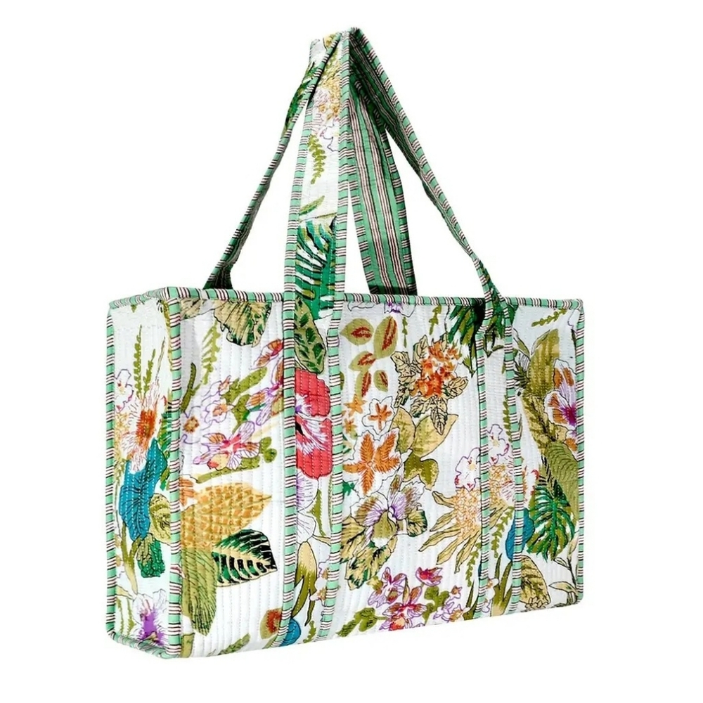 Floral Quilted Tote Bag - Green Multicolor